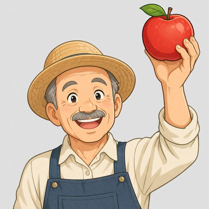 リンゴを持ちながら手を振るおじさんの絵