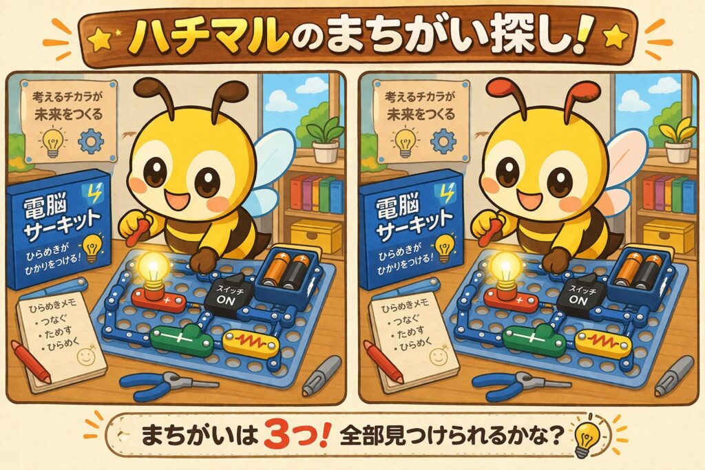 ハチマルのまちがい探し!電脳サーキット編
まちがいは3つ!全部見つけられるかな?