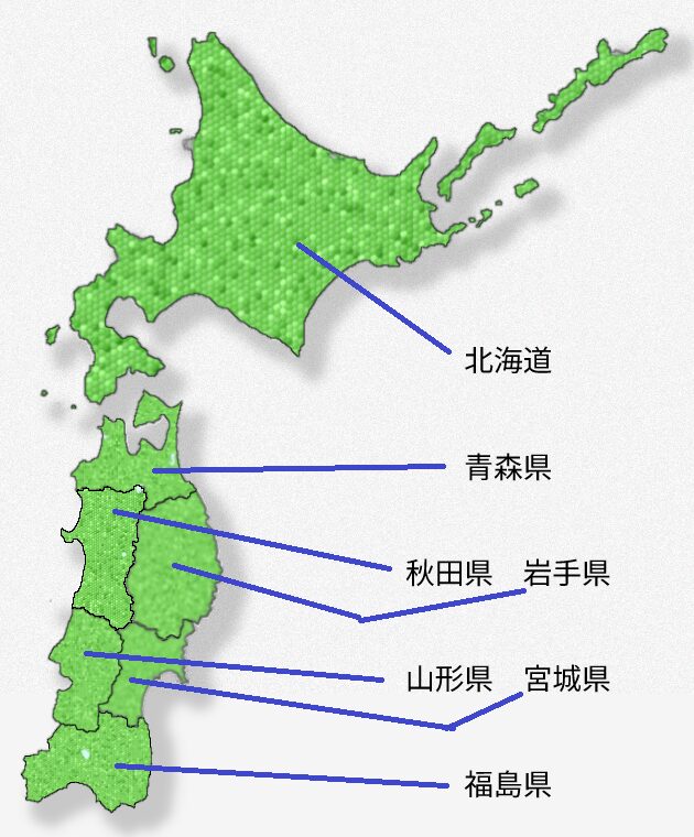 北海道と東北６県（青森県、秋田県、岩手県、山形県、宮城県、福島県）の地図