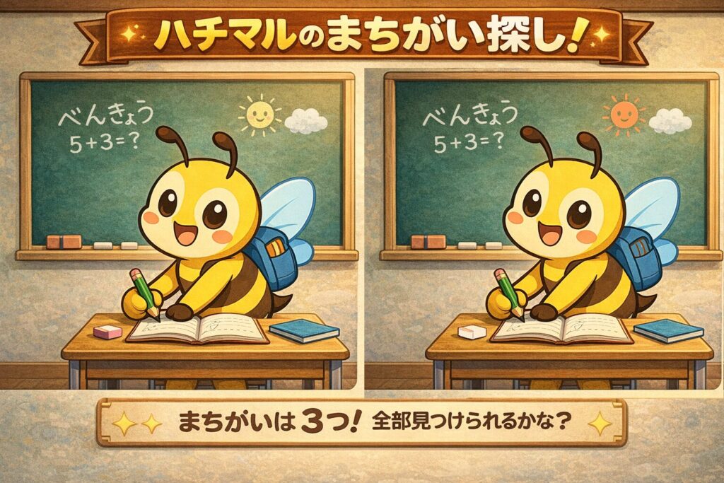 ハチマルのまちがい探し「学校編」
まちがいは3つ!
全部見つけられるかな?