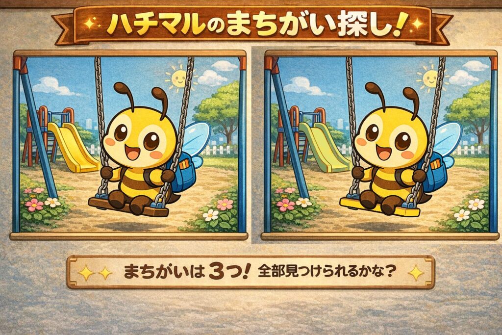 ハチマルのまちがい探し!公園編
まちがいは3つ!全部見つけられるかな?