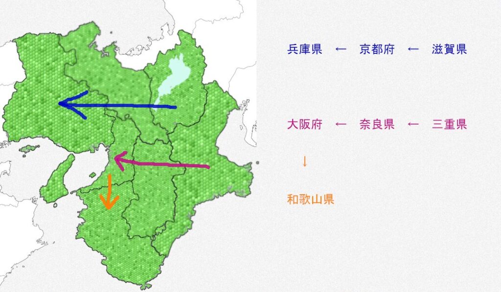 近畿地方２府（大阪府、京都府）、５県（滋賀県、兵庫県、三重県、奈良県、和歌山県）の地図