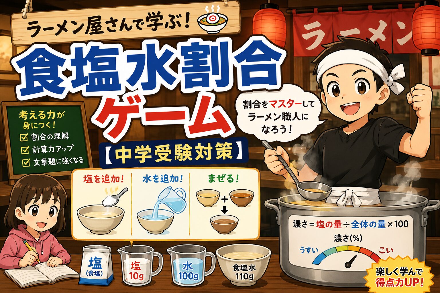 ラーメン屋さんで学ぶ！食塩水割合ゲーム【中学受験対策】