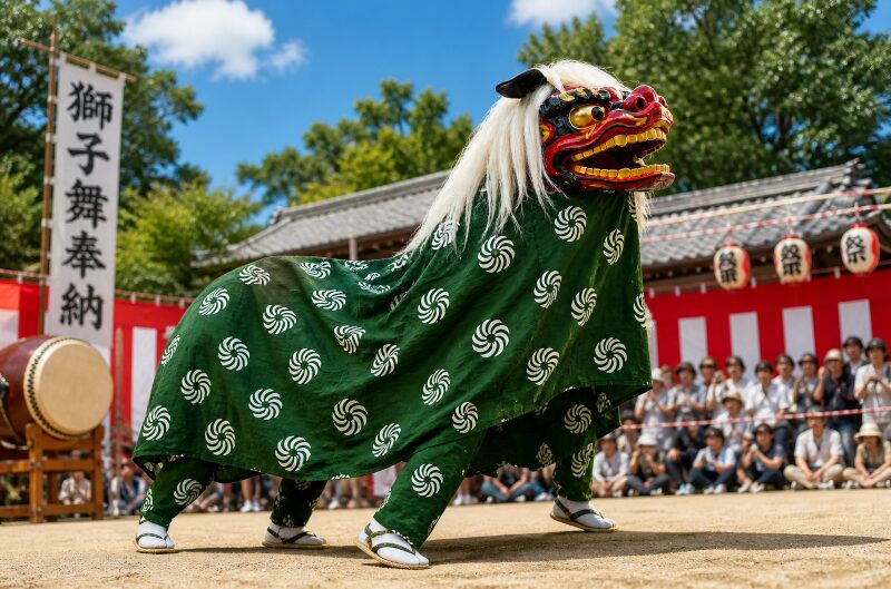 獅子舞が芸をひろうしている絵