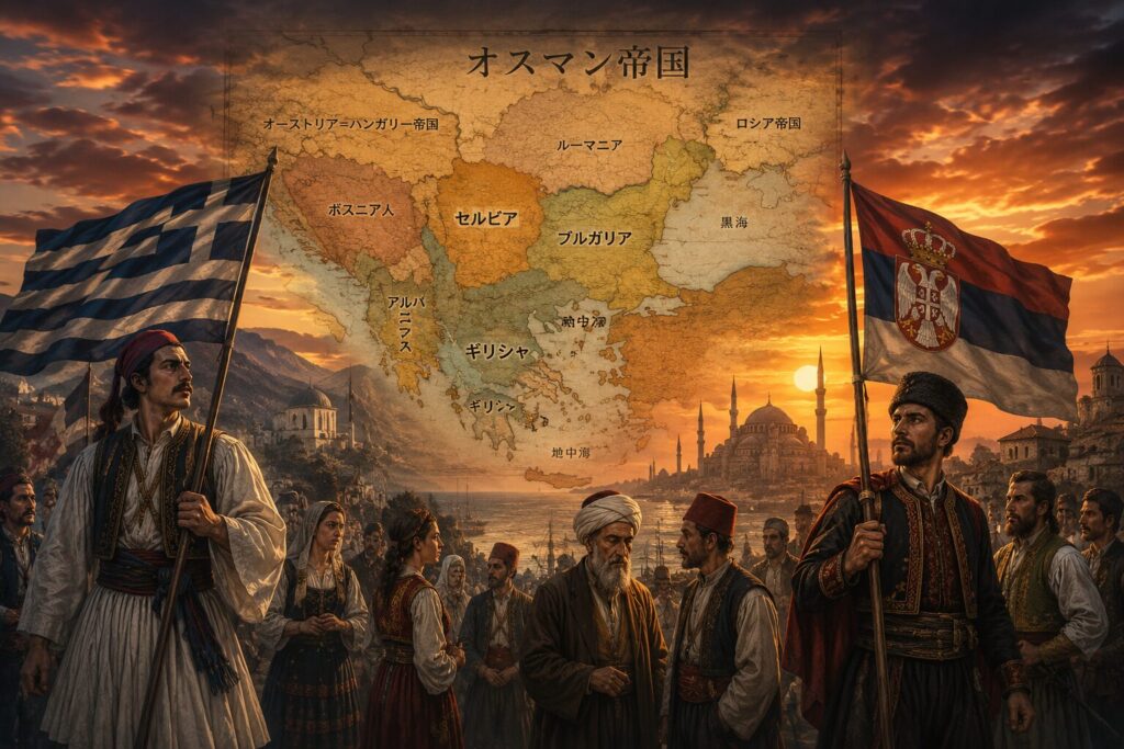 バルカン半島 オスマン帝国地図 民族ごとの人々 ギリシャ人 セルビア人 夕焼け 不穏な空気