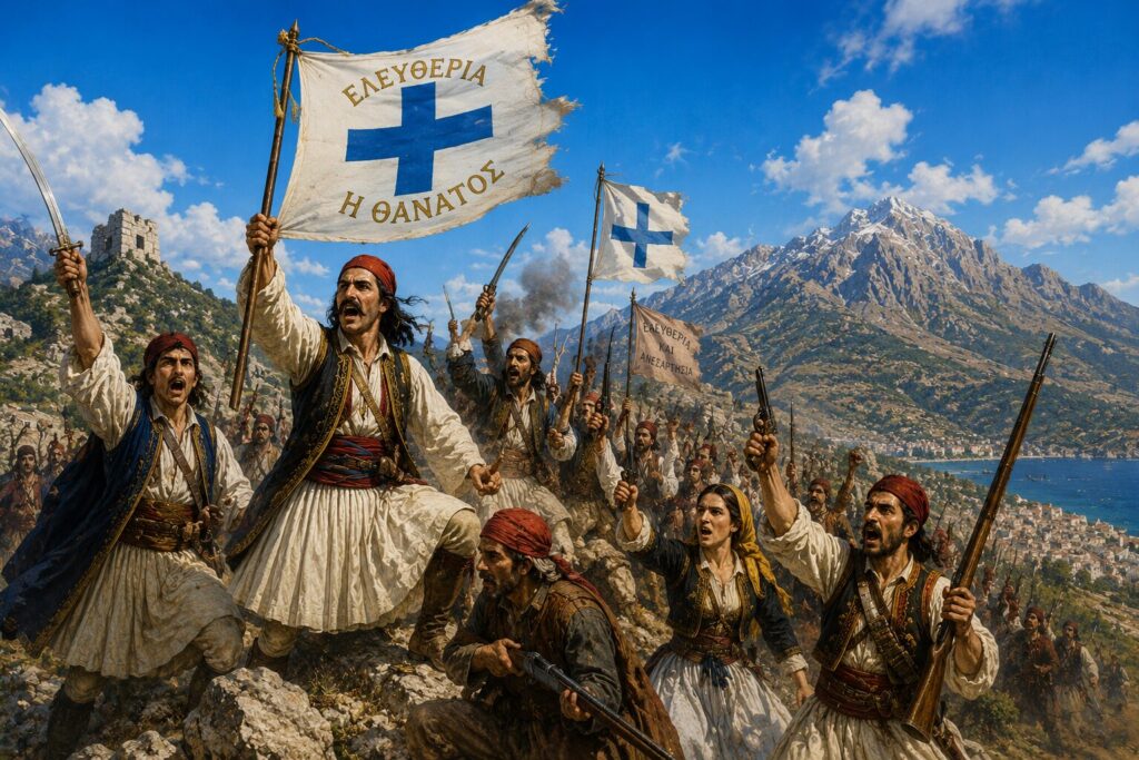 ギリシャ独立戦争 革命旗 武装した市民 山岳地帯 青空