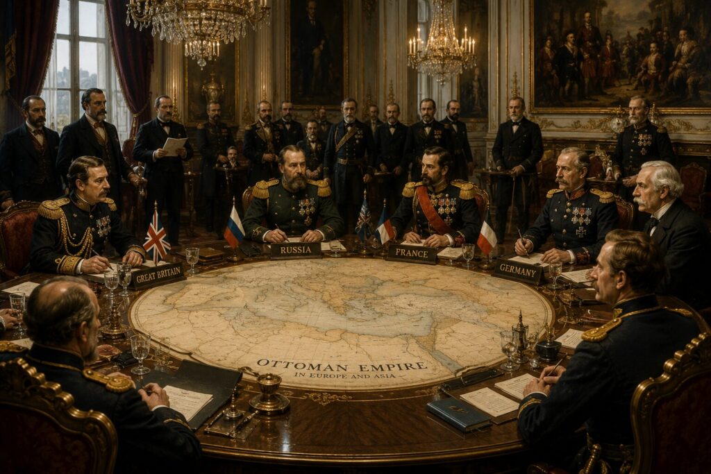 ヨーロッパ列強の外交会議 地図を囲む外交官 ロシア代表 イギリス代表 豪華な会議室